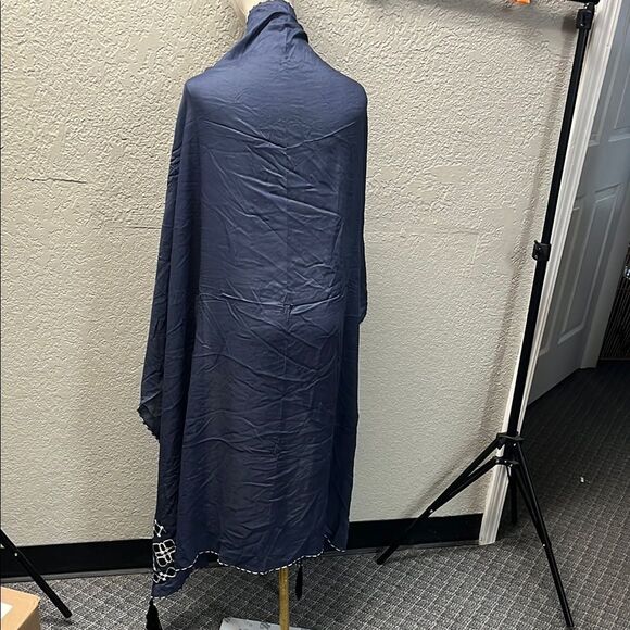 Navy Blue Embroidered Shawl with Tassels - Picture 3 of 4